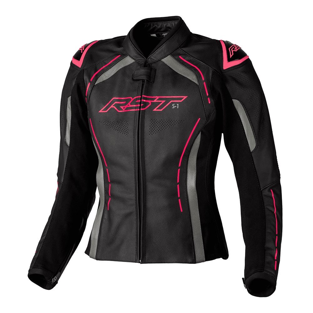 RST S1 CE Ladies Leather Jacket Black Neon Pink Two Wheel