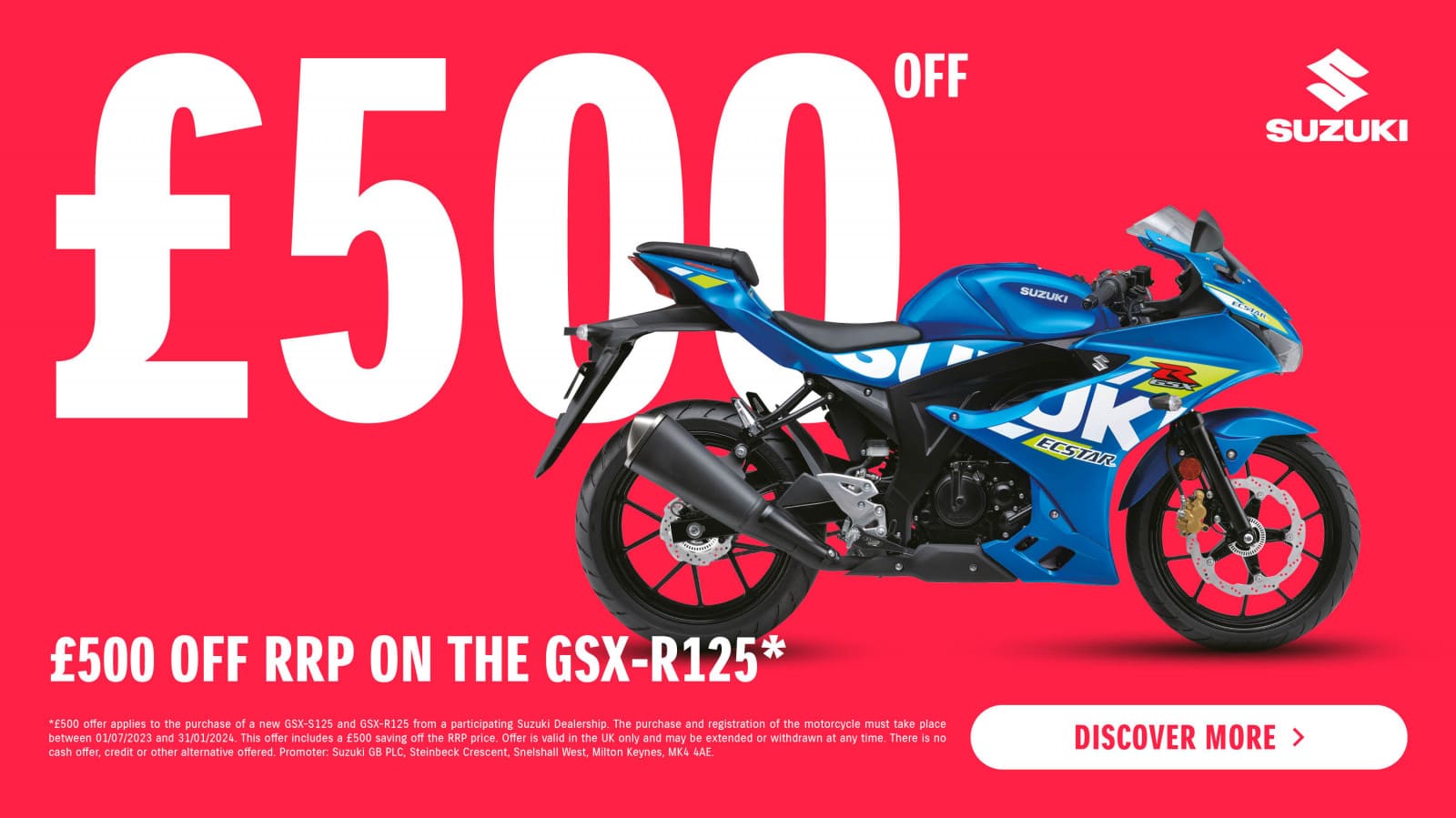 Save £500 on a brand new Suzuki GSX-R125! Click here to find out more!